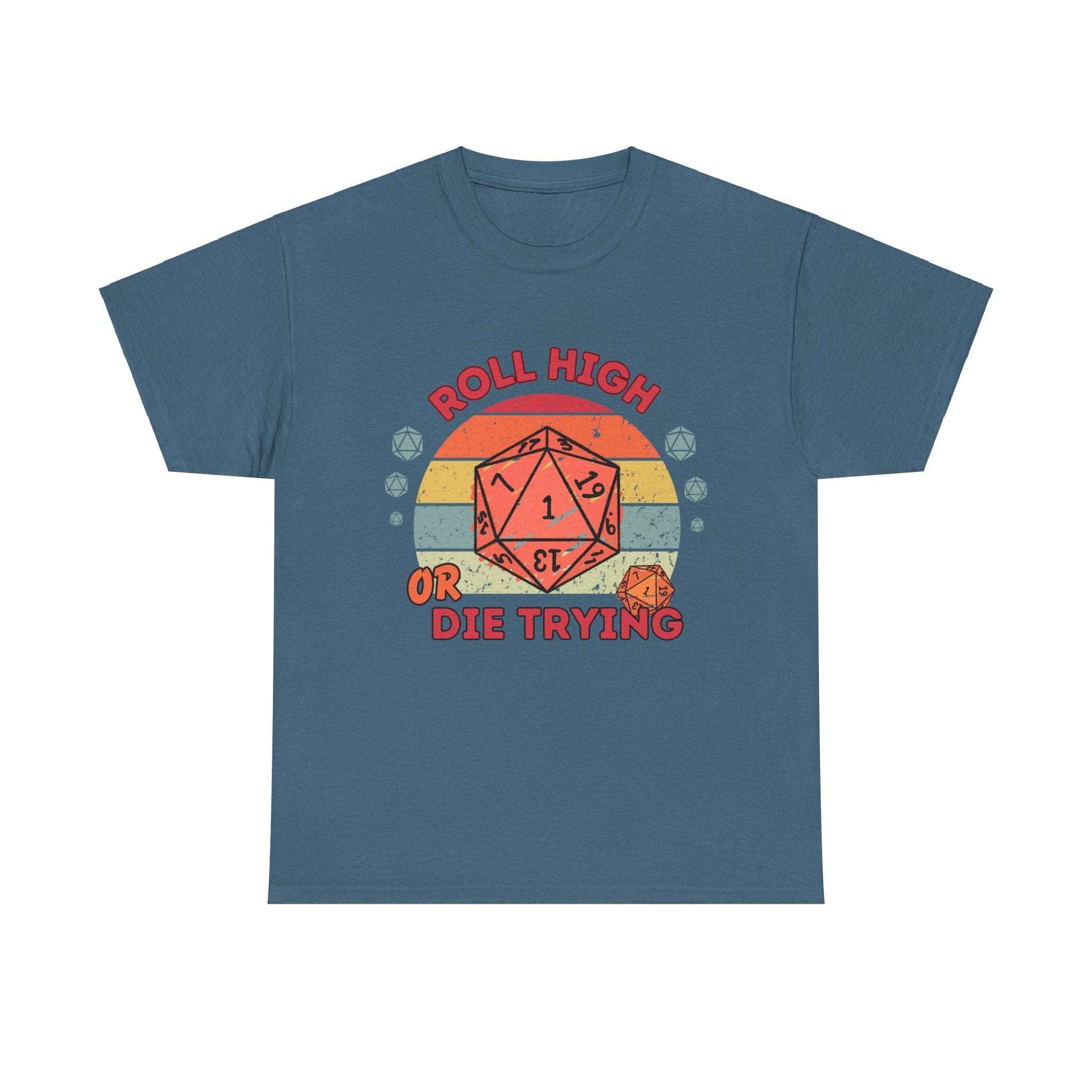 Dnd T Shirt Funny Gift For DM, Roll High Or Die Trying Retro Style Top with Polyhedral Dice Detail for Table Top Gamers