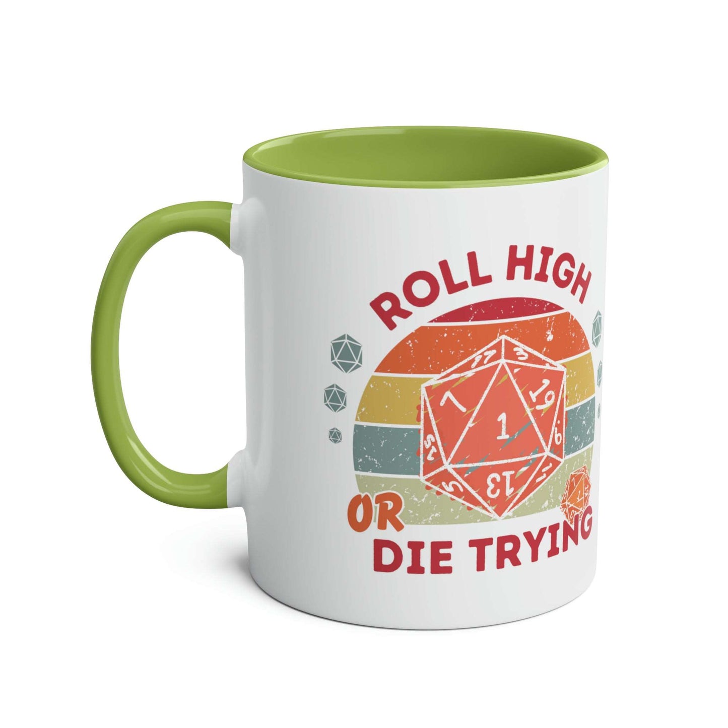 Dnd Mug Roll High Or Die Trying, Gift for DM or Table Top Game Player with Retro Polyhedral Dice Graphic