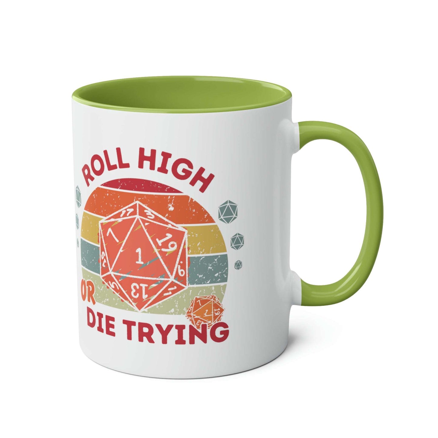 Dnd Mug Roll High Or Die Trying, Gift for DM or Table Top Game Player with Retro Polyhedral Dice Graphic