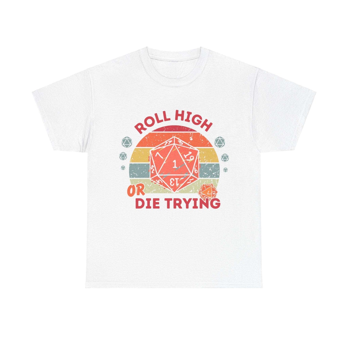 Dnd T Shirt Funny Gift For DM, Roll High Or Die Trying Retro Style Top with Polyhedral Dice Detail for Table Top Gamers