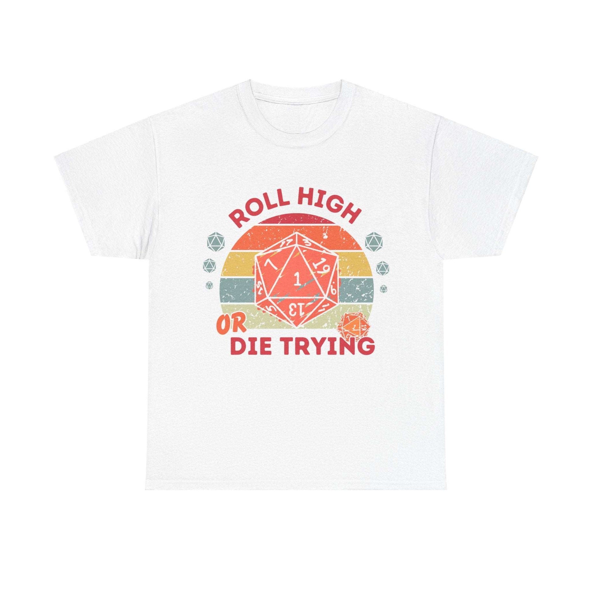 Dnd T Shirt Funny Gift For DM, Roll High Or Die Trying Retro Style Top with Polyhedral Dice Detail for Table Top Gamers