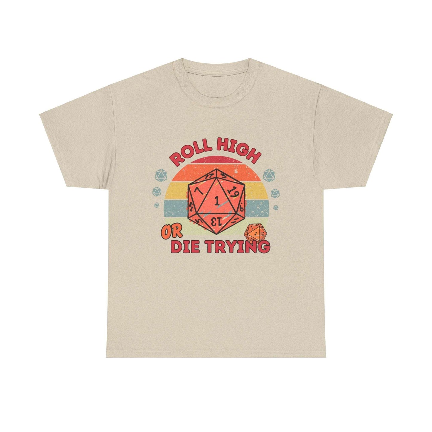 Dnd T Shirt Funny Gift For DM, Roll High Or Die Trying Retro Style Top with Polyhedral Dice Detail for Table Top Gamers