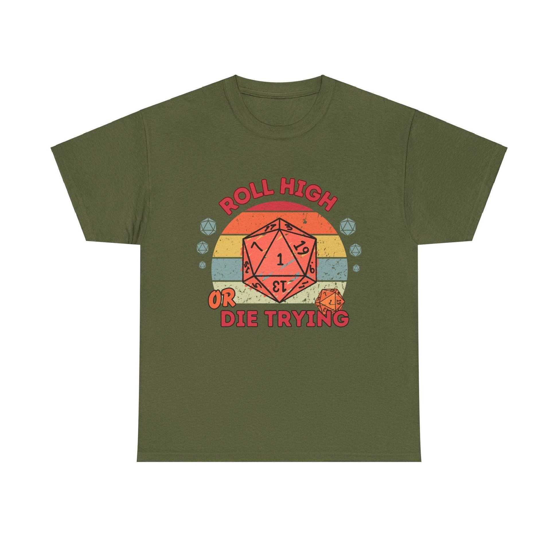 Dnd T Shirt Funny Gift For DM, Roll High Or Die Trying Retro Style Top with Polyhedral Dice Detail for Table Top Gamers