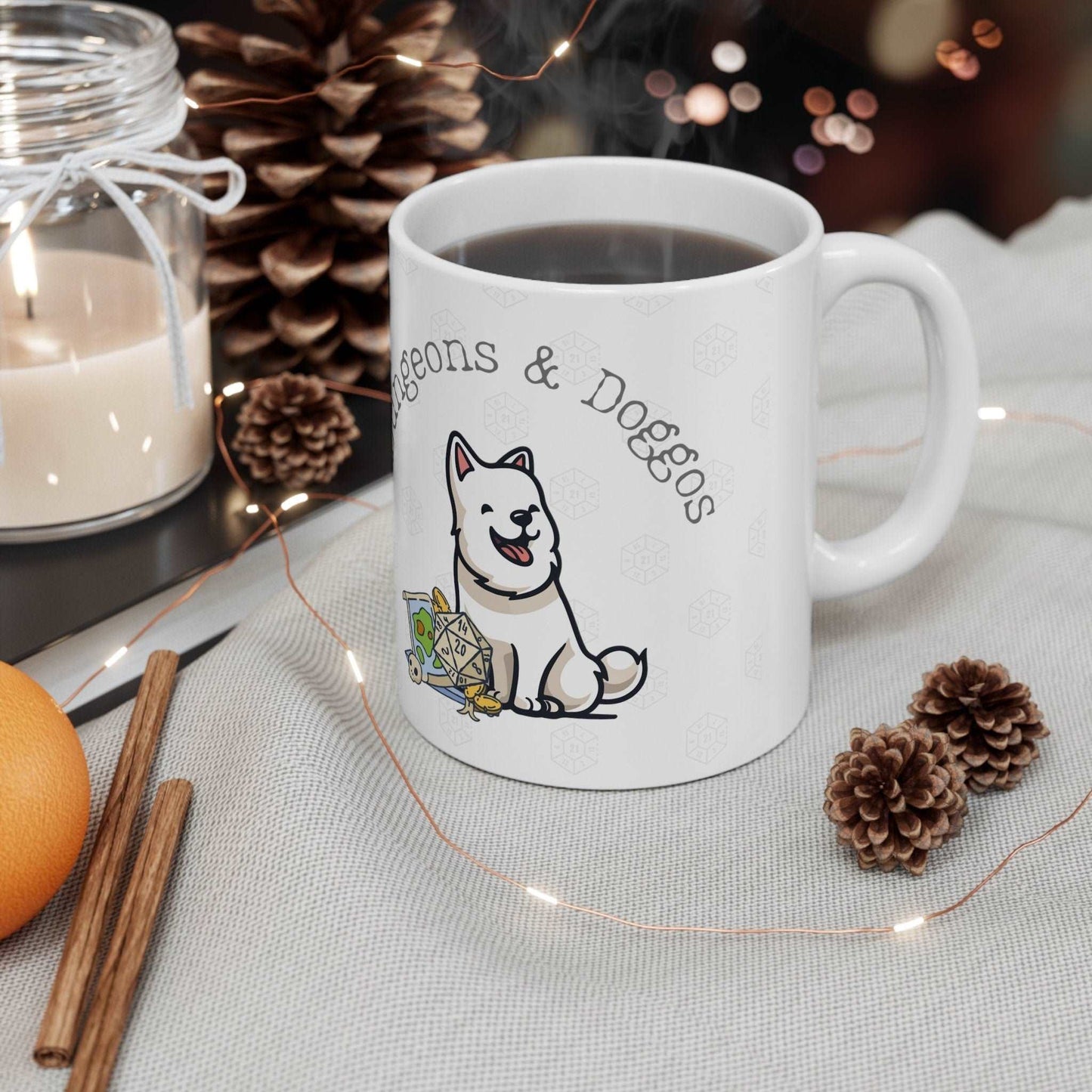 DnD Larp Dungeons & Doggos Mug with Scratch from BG3, Tiefling Bard, Dungeon, dragon players Birthday or Christmas Gift Stocking Filler