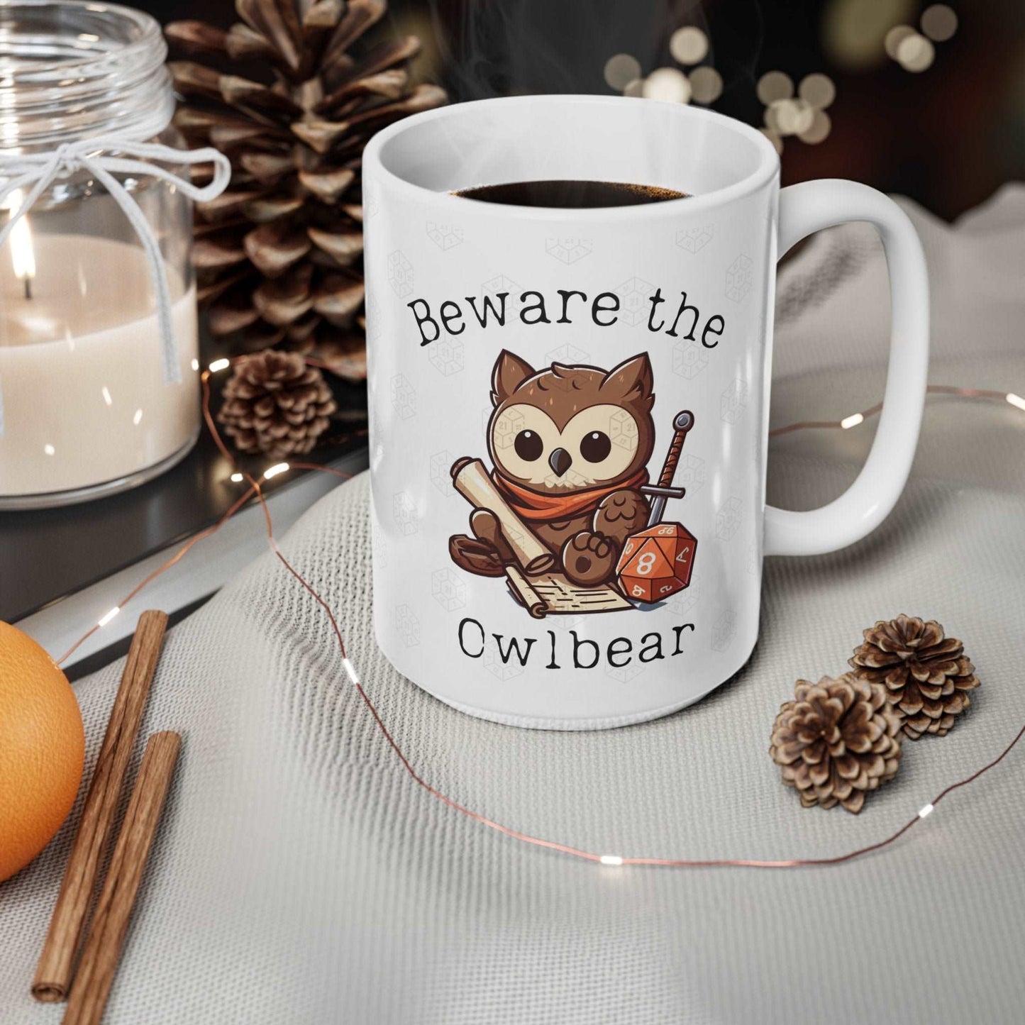 Large Beware the Owlbear BG3 DnD Dice Mug for Baldur Gate 3 Fans, Dungeon Masters, Scratch, Baby Owlbear Cub Companion, or Astarion Fans