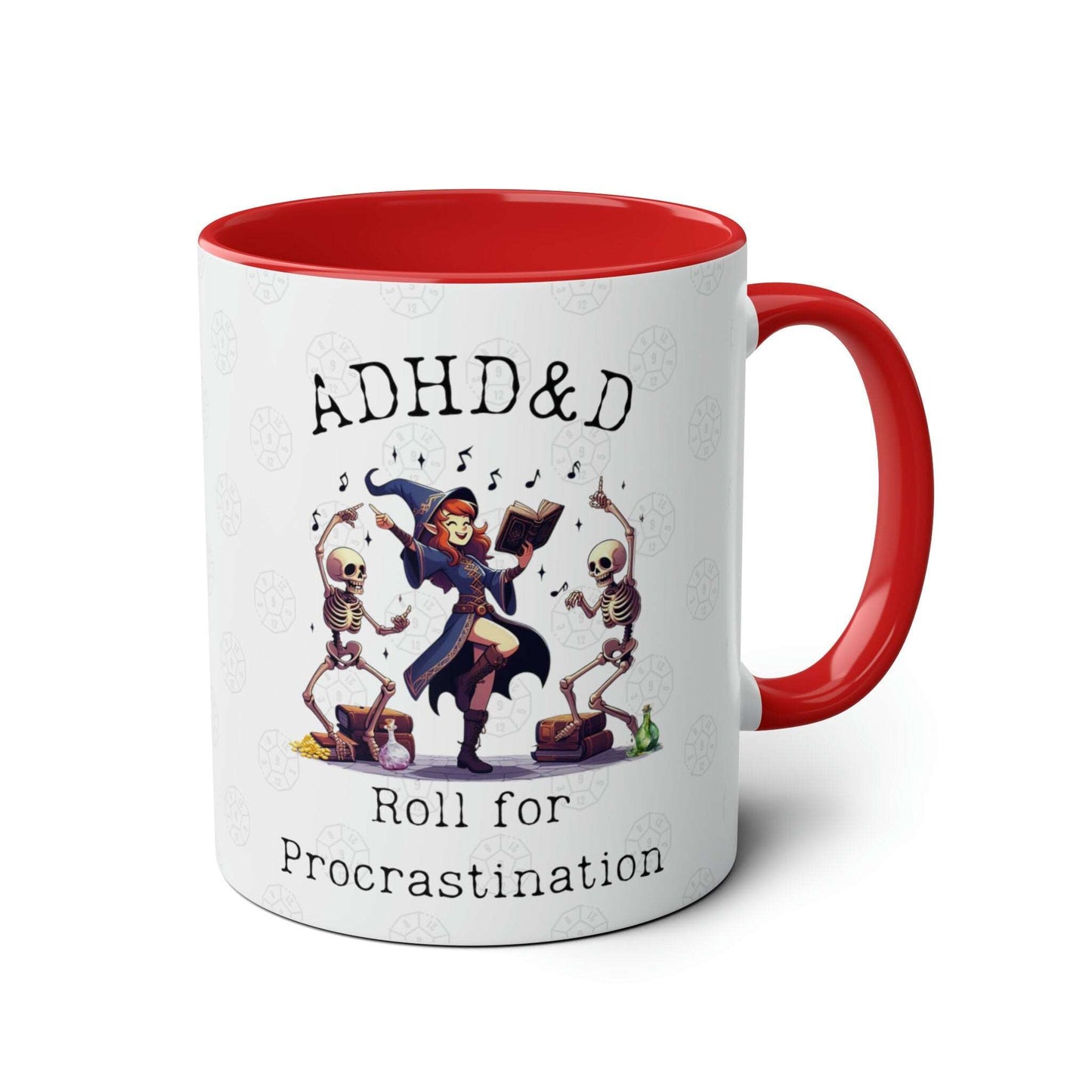 Dnd ADHD Gift Mug for BG3 Dungeon Game Masters, Necromancer Wizards, Sorcerer Half Elves With Bardic Inspiration. Roll for Procrastination