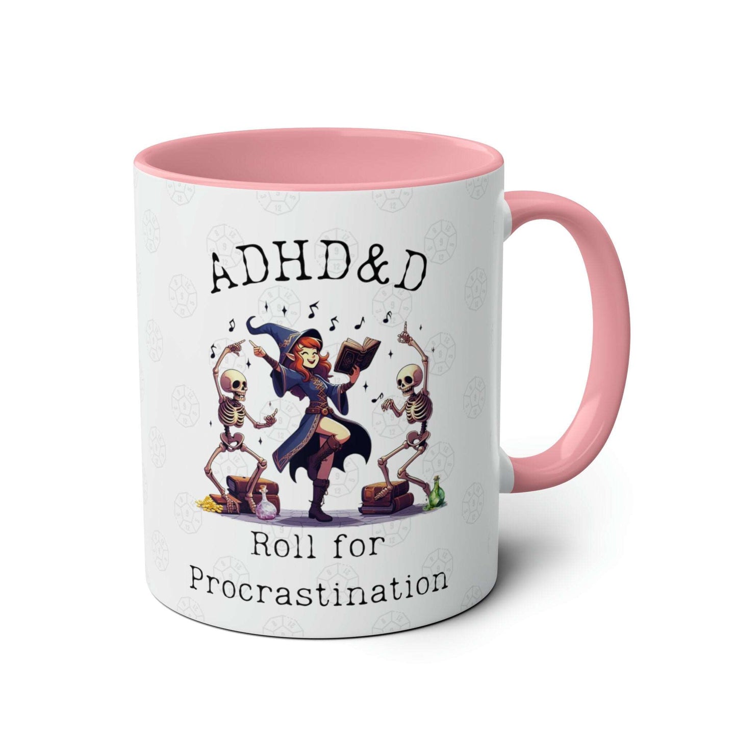 Dnd ADHD Gift Mug for BG3 Dungeon Game Masters, Necromancer Wizards, Sorcerer Half Elves With Bardic Inspiration. Roll for Procrastination