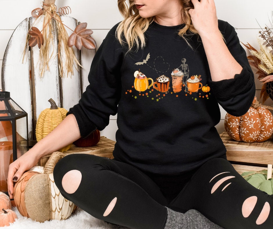Pumpkin Spice Halloween Sweatshirt | Skeleton & Bat Shirt Back to School | All Hallows Eve, Samhain, Pastel Halloween Shirt