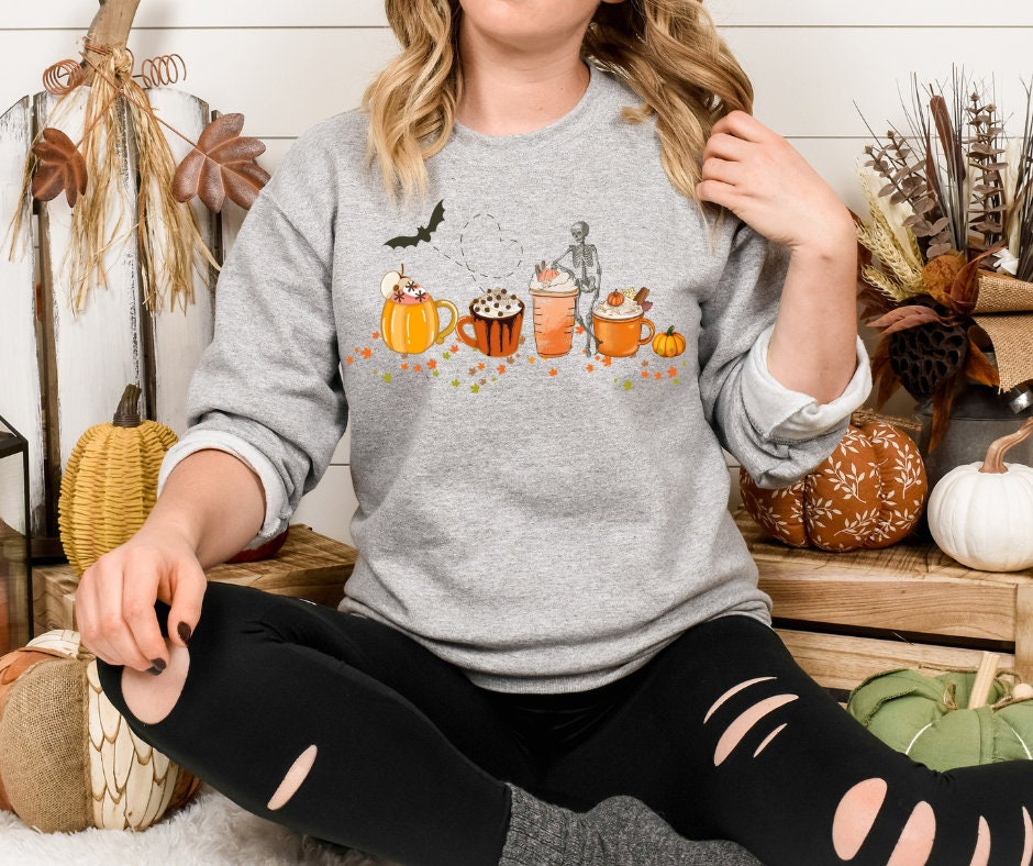 Pumpkin Spice Halloween Sweatshirt | Skeleton & Bat Shirt Back to School | All Hallows Eve, Samhain, Pastel Halloween Shirt
