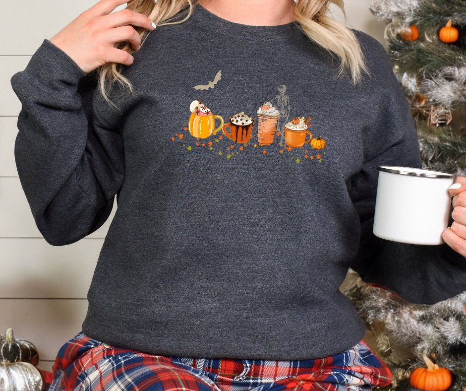 Pumpkin Spice Halloween Sweatshirt | Skeleton & Bat Shirt Back to School | All Hallows Eve, Samhain, Pastel Halloween Shirt