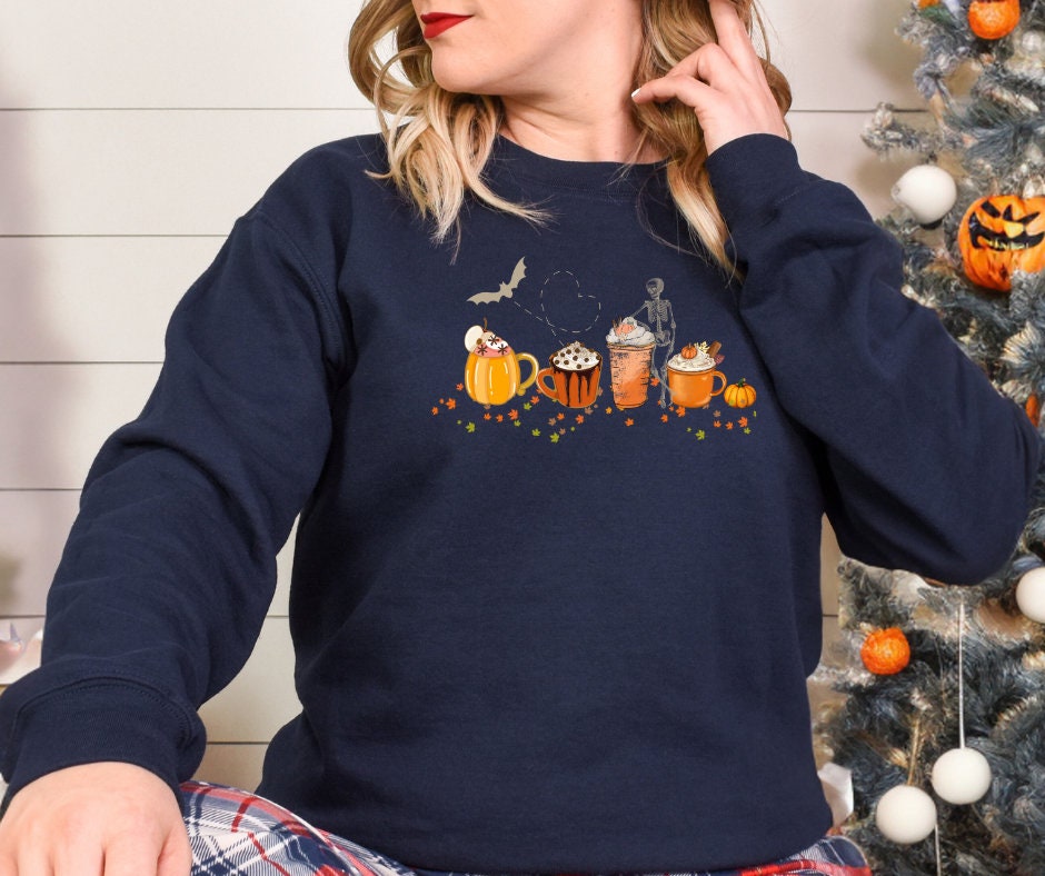 Pumpkin Spice Halloween Sweatshirt | Skeleton & Bat Shirt Back to School | All Hallows Eve, Samhain, Pastel Halloween Shirt