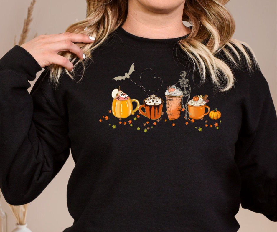 Pumpkin Spice Halloween Sweatshirt | Skeleton & Bat Shirt Back to School | All Hallows Eve, Samhain, Pastel Halloween Shirt