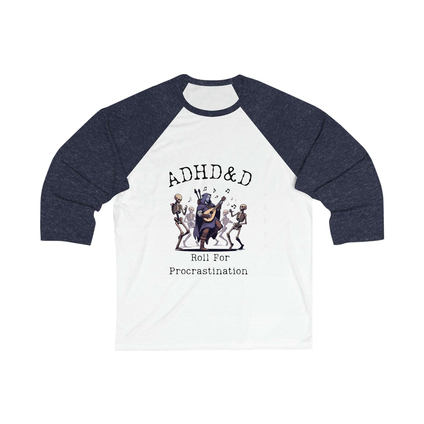 Dnd Adhd Roll for Procrastination Unisex 34 Sleeve Baseball Tee, Great DM Gift, Bards BG3 Fans or Dungeons Dragons Players