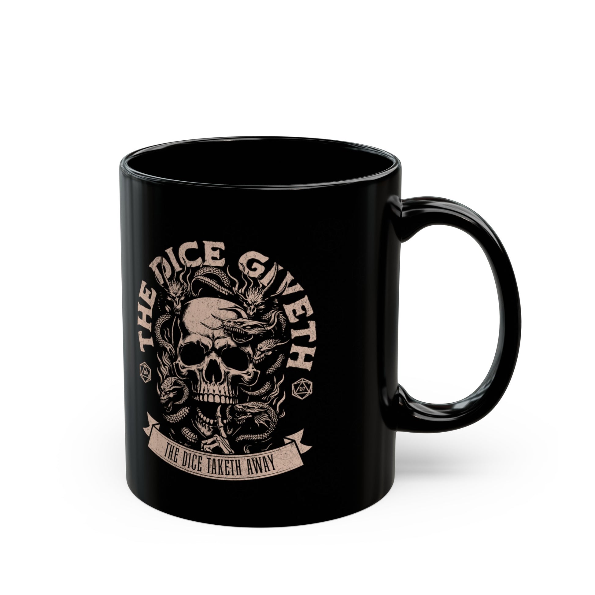 The dice giveth the dice taketh balck gift mug for dnd players