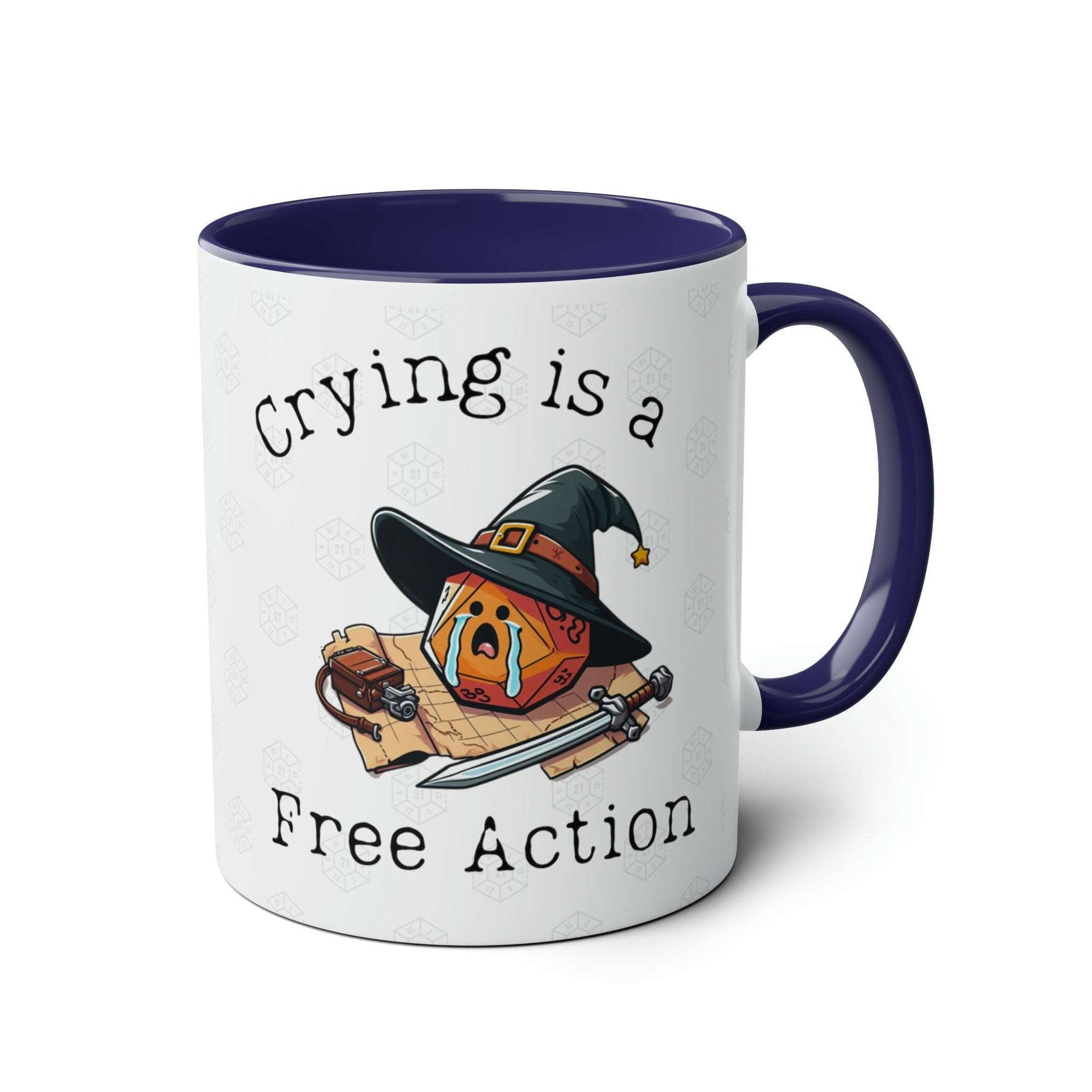 DnD Dice Crying is a Free Action Mug/Cup. Perfect Stocking Filler for BG3, TTRPG, Dungeon, Masters and Astarion, Baldurs 3 Fans.