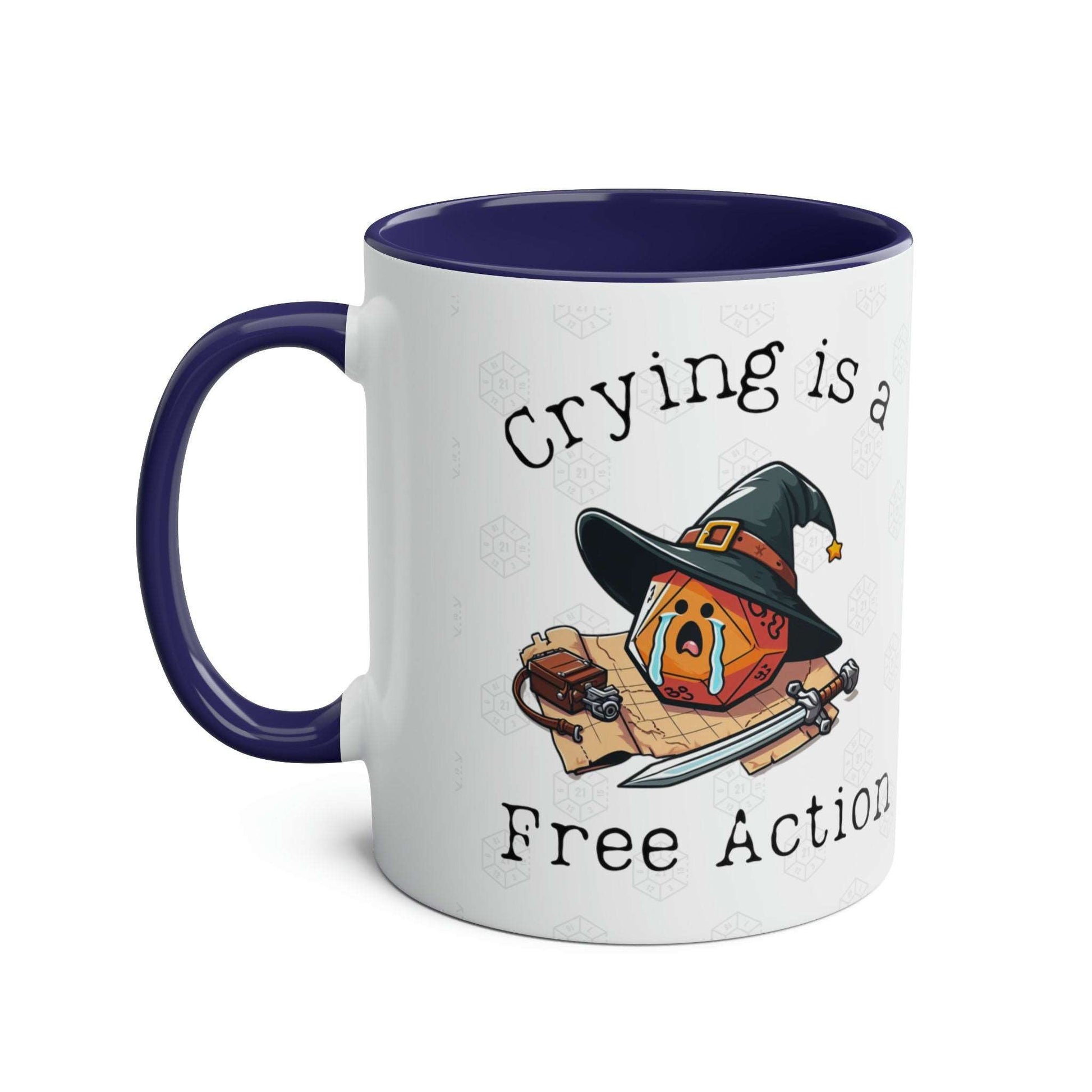 DnD Dice Crying is a Free Action Mug/Cup. Perfect Stocking Filler for BG3, TTRPG, Dungeon, Masters and Astarion, Baldurs 3 Fans.