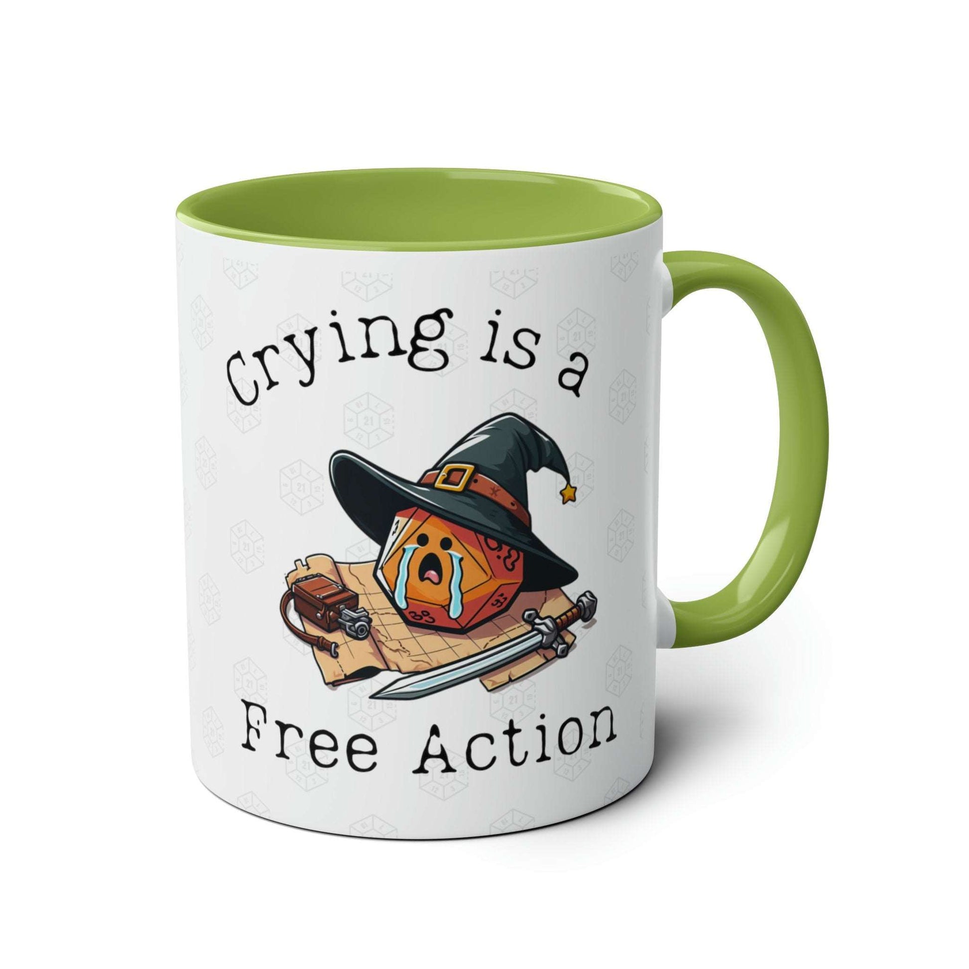 DnD Dice Crying is a Free Action Mug/Cup. Perfect Stocking Filler for BG3, TTRPG, Dungeon, Masters and Astarion, Baldurs 3 Fans.