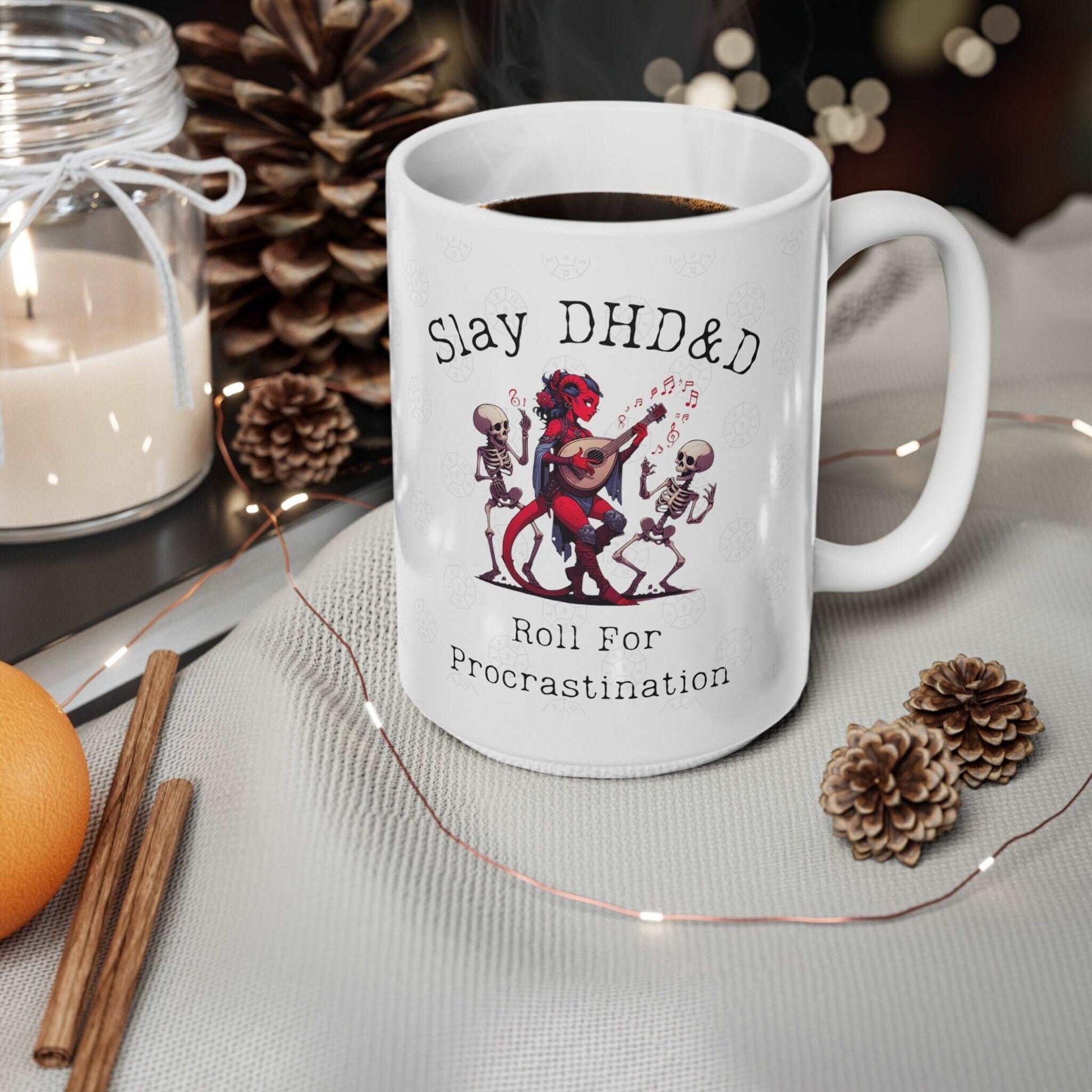 Adhd Slay DHD& D Mug for Dungeons Dragons, Great Gift Idea for Mothers Day | Tiefling Bard Lute Playing Necromancer Karlach Design