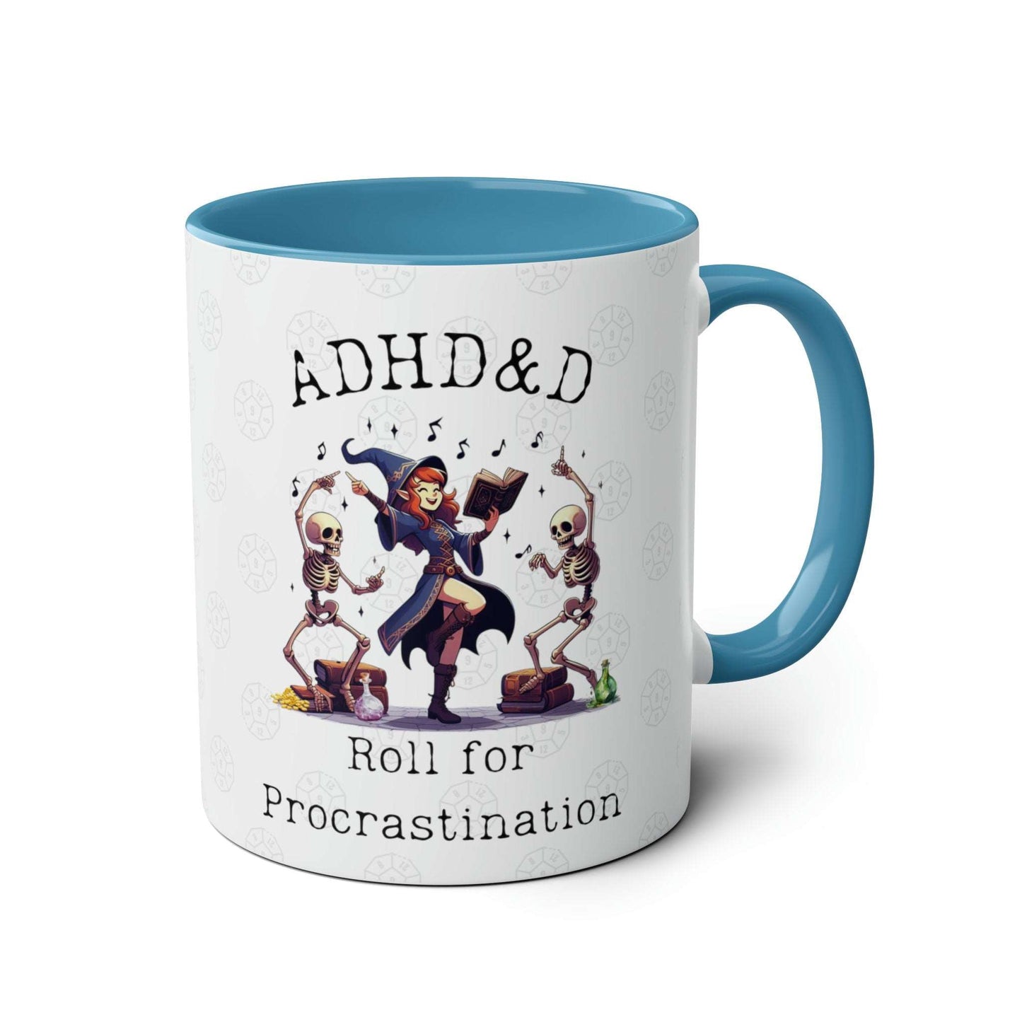 Dnd ADHD Gift Mug for BG3 Dungeon Game Masters, Necromancer Wizards, Half Elves With Bardic Inspiration