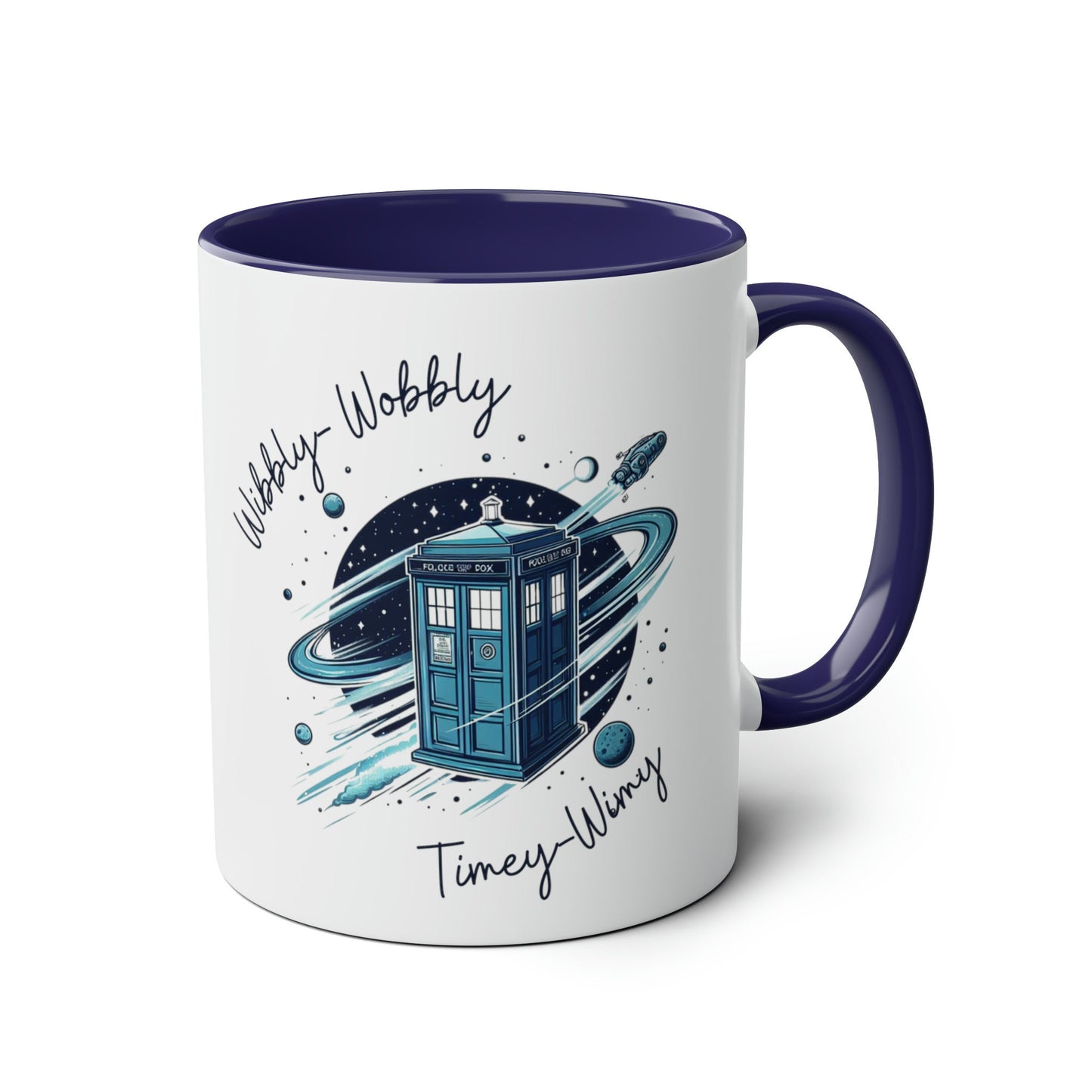 Who Dr Doctor Inspired Gift Mug, Wibbly Wobbly Timey Wimey Tardi Blue Police Box Time Machine, Torch wood