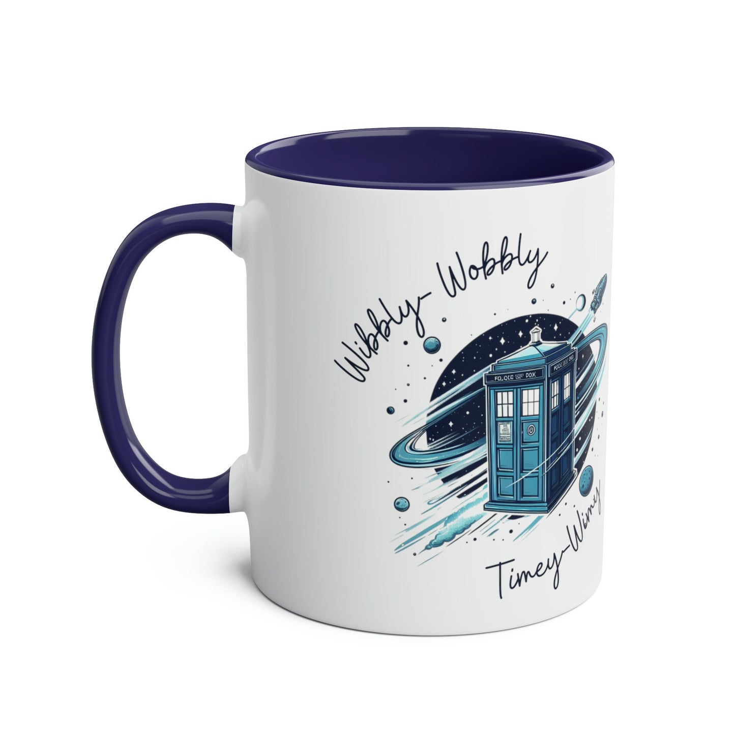 Who Dr Doctor Inspired Gift Mug, Wibbly Wobbly Timey Wimey Tardi Blue Police Box Time Machine, Torch wood